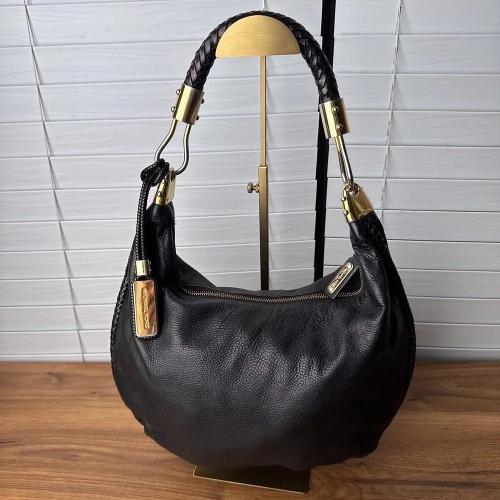 Michael Kors Skorpios Hobo Shoulder Bag Black Pebbled Leather Braided Handle